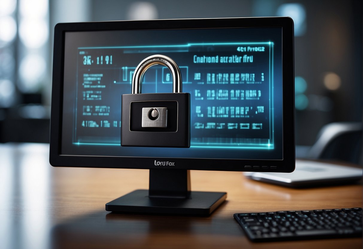 A computer monitor displaying a secure data erasure process during employee offboarding, with a padlock symbol representing data security