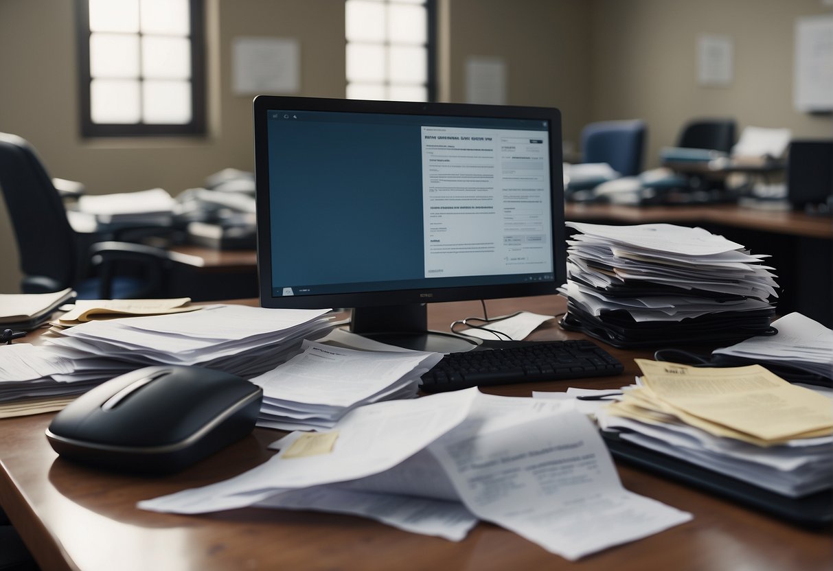 A cluttered desk with scattered papers and a computer screen displaying an error message. An open trash bin overflowing with discarded documents