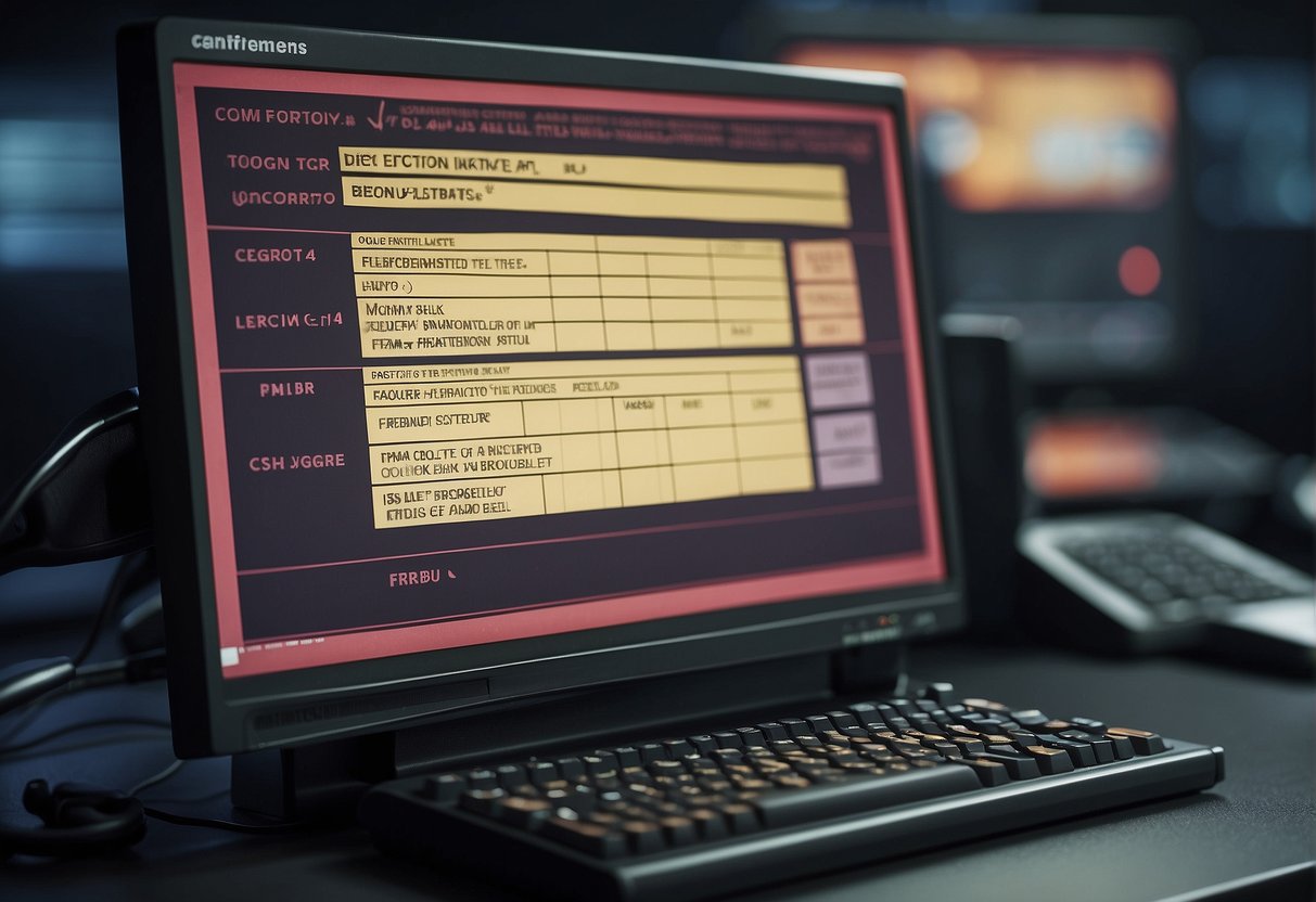 A computer screen displaying a checklist of common mistakes in data erasure with a caution sign next to each item. A shredder in the background symbolizes the importance of compliance