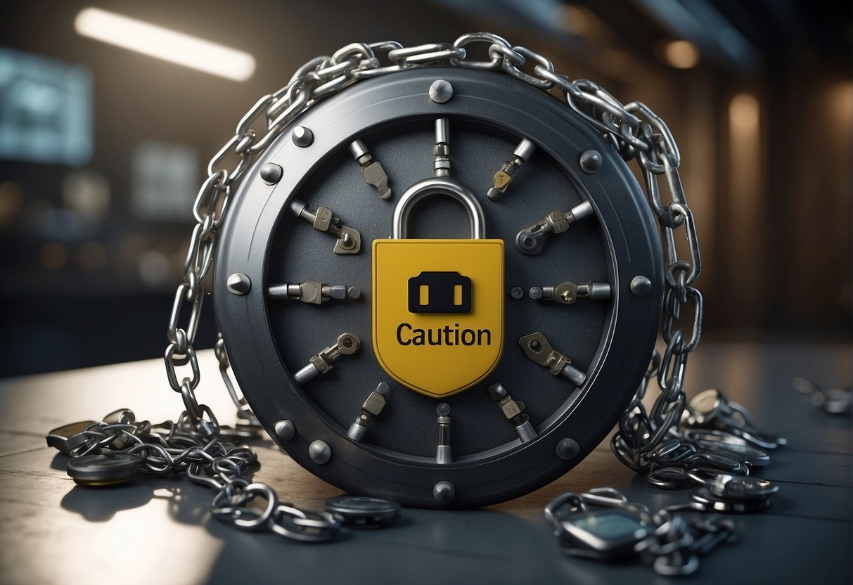 A locked vault with a shield emblem, surrounded by broken chains and scattered electronic devices. A caution sign warns of common data erasure mistakes