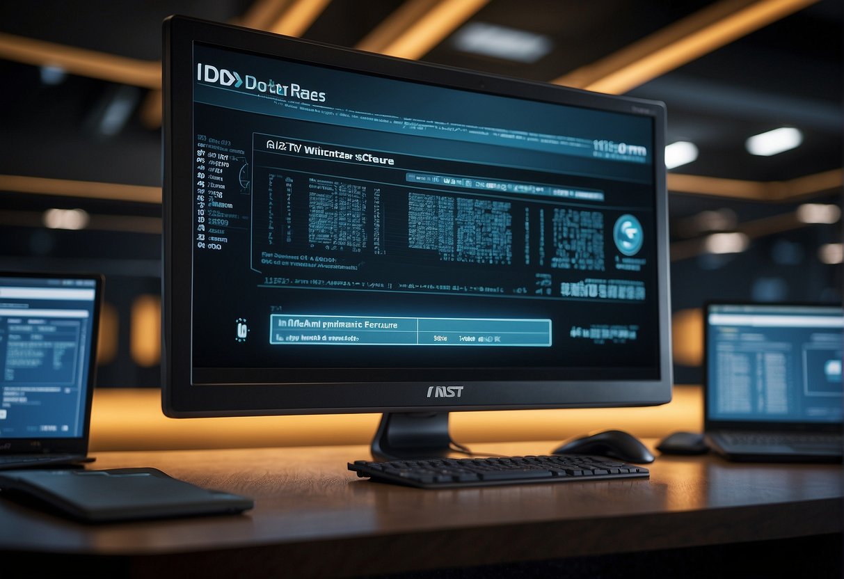 A computer screen displaying data erasure standards logos (NIST, DoD) with a secure deletion progress bar