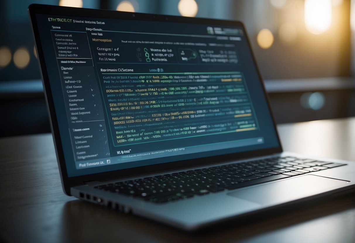 A computer screen displaying a list of best data erasure software options, with a padlock symbol representing business data security. A hand hovering over the screen, indicating software selection