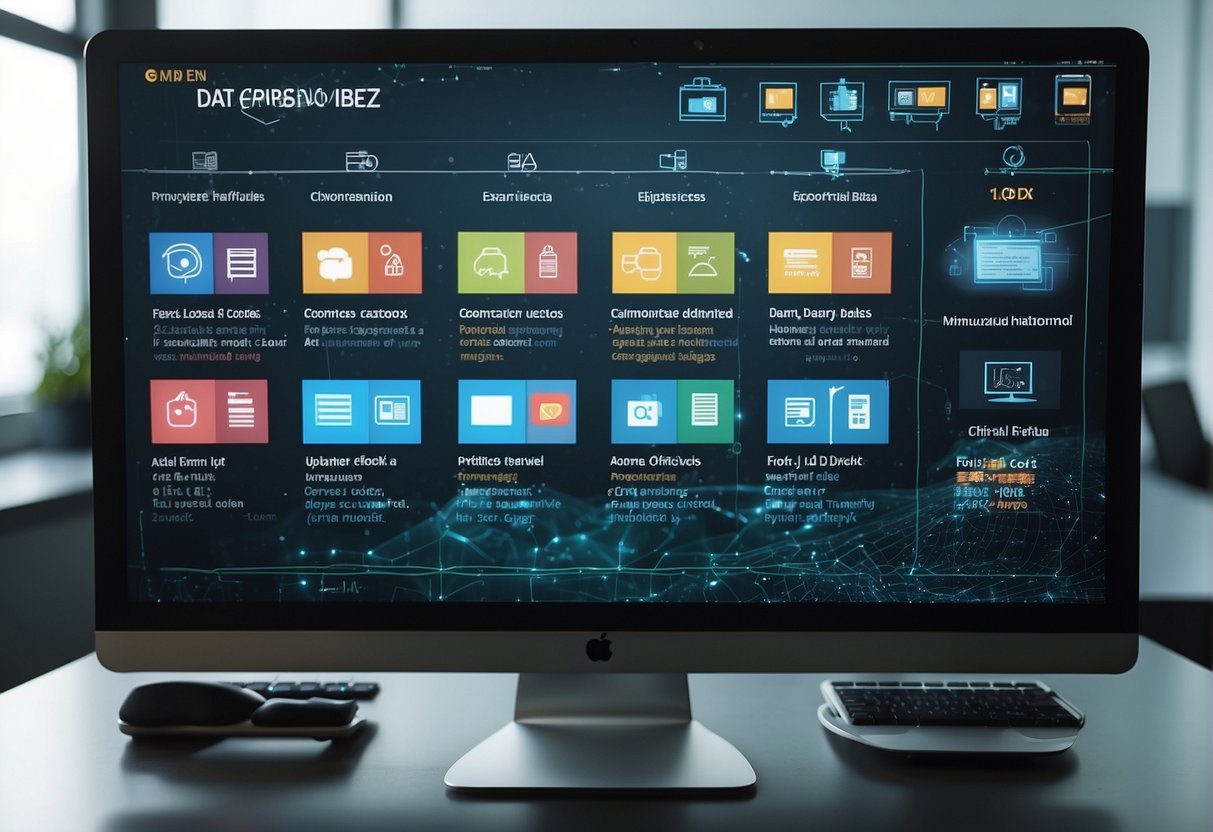 A computer screen displays a list of best data erasure software options, surrounded by images of business data security icons. Software selection process is highlighted