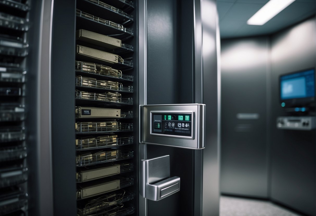 A secure vault with a digital lock and a shredder for sensitive documents. Labels for "data erasure" and "small business data security" are visible