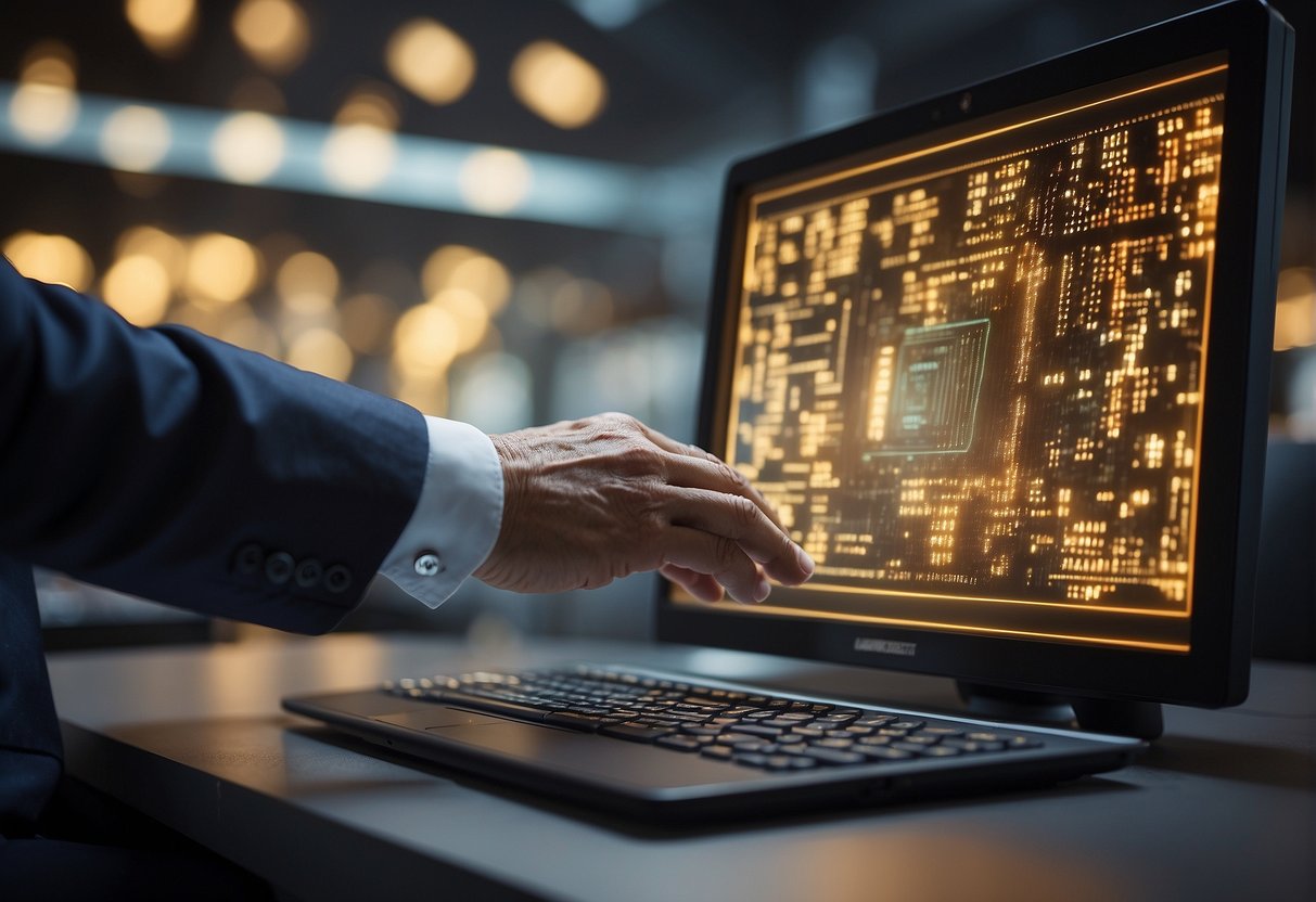 A small business owner presses a button on a computer, symbolizing data erasure for SMEs. The computer screen shows a lock symbol, representing enhanced data protection for small businesses