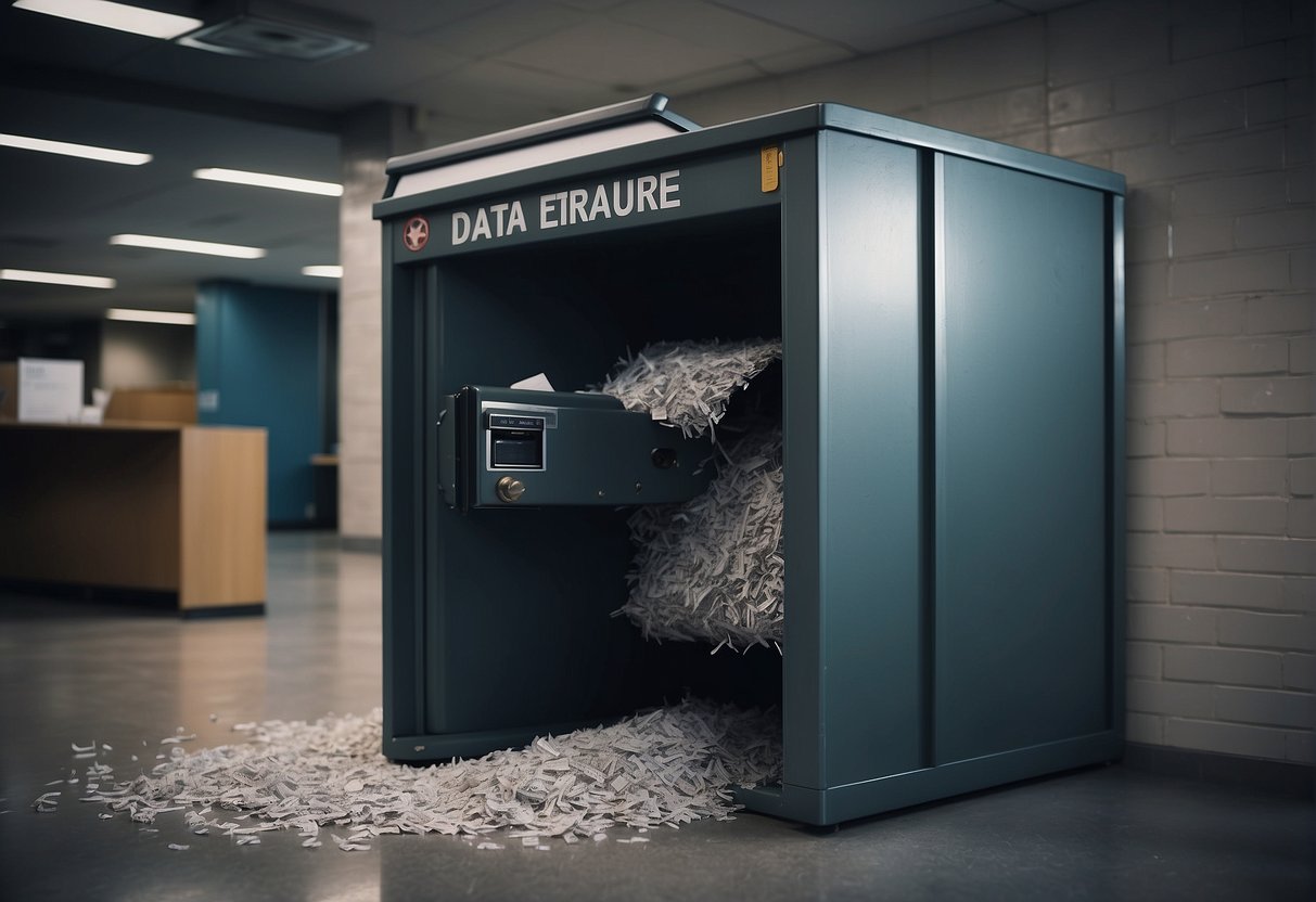 A secure vault door swings shut, locking away sensitive information. Shredded documents fill a bin labeled "data erasure." Security cameras monitor the area