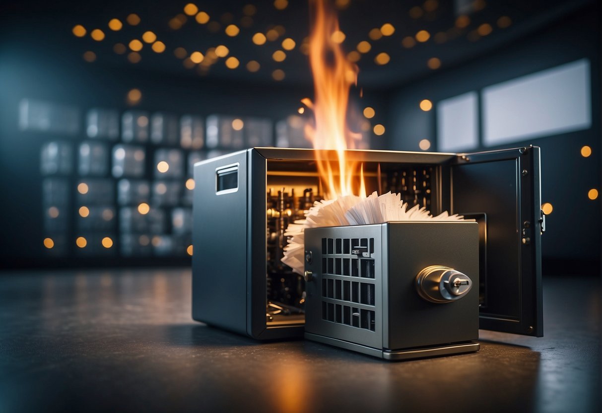 A locked vault with a shielded lock, surrounded by a digital firewall and a shredder destroying documents