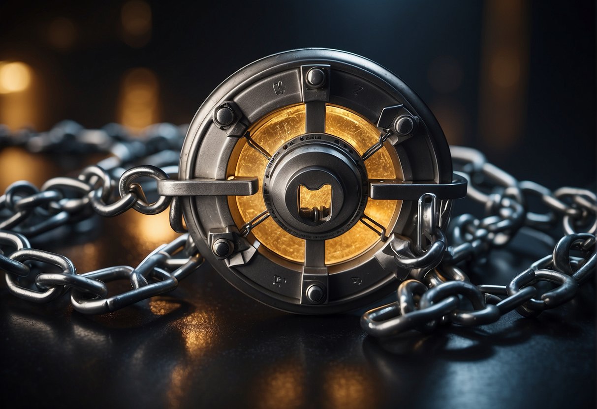 A locked vault with a glowing shield around it, surrounded by broken chains and a shattered lock