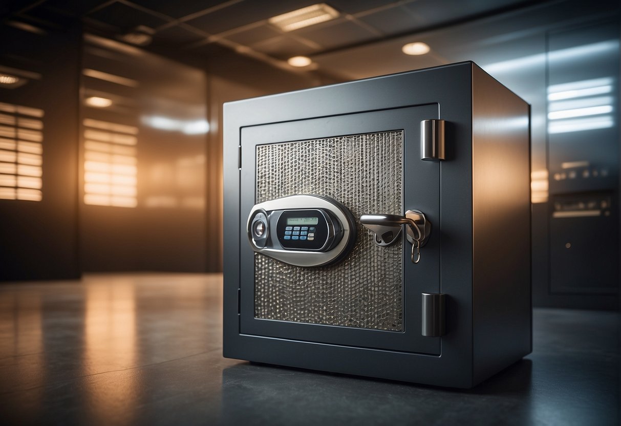 A computer screen displays a padlock icon over a file folder. A shredder sits nearby, ready to erase sensitive data