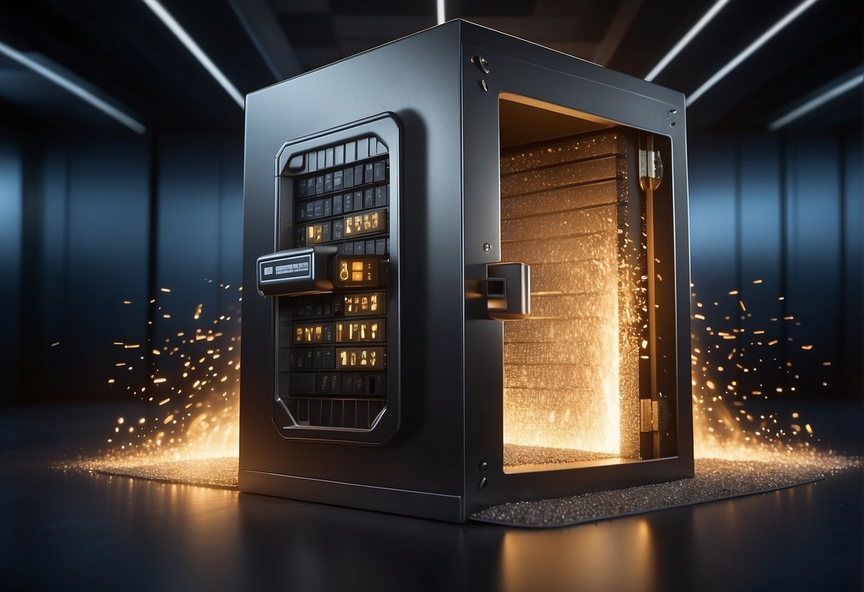 A secure vault door with a digital lock, surrounded by a firewall and shredder, symbolizing data breach prevention and information security