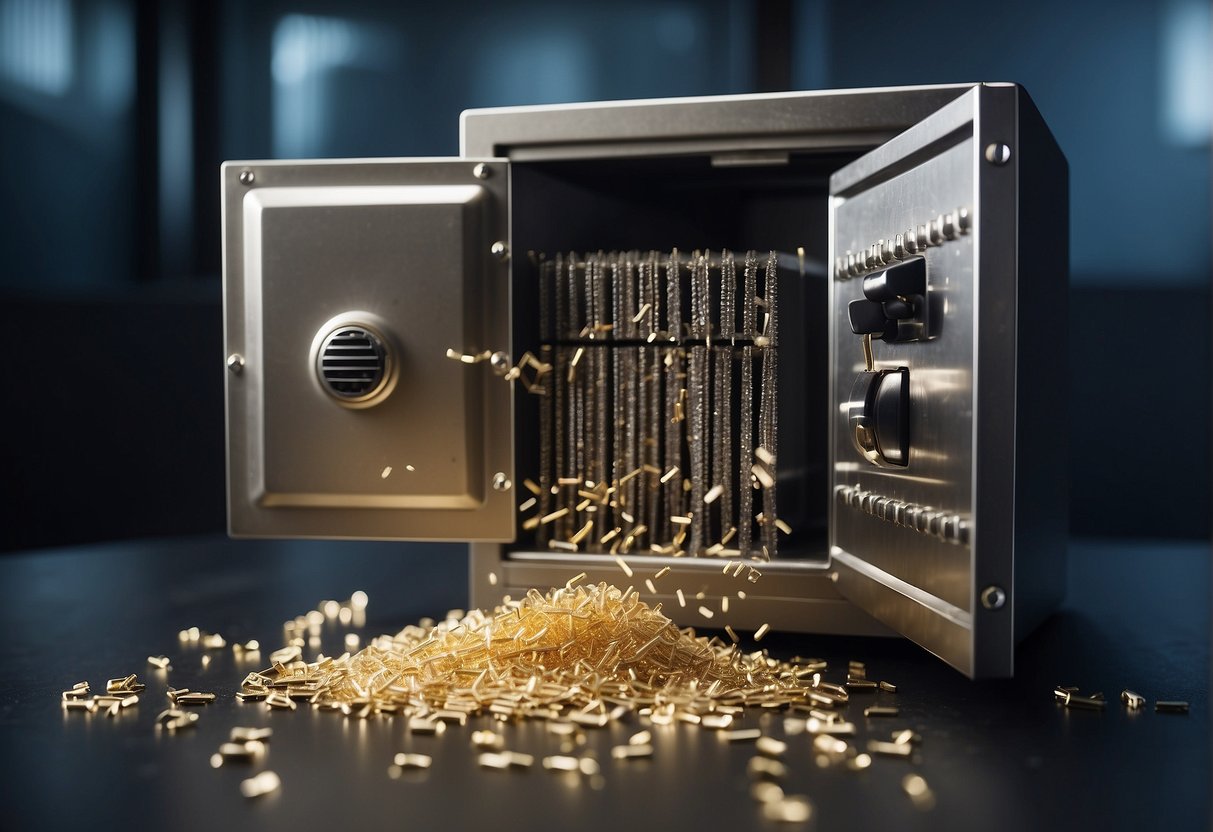 A locked vault with a shielded lock, surrounded by a force field, and a shredder destroying documents