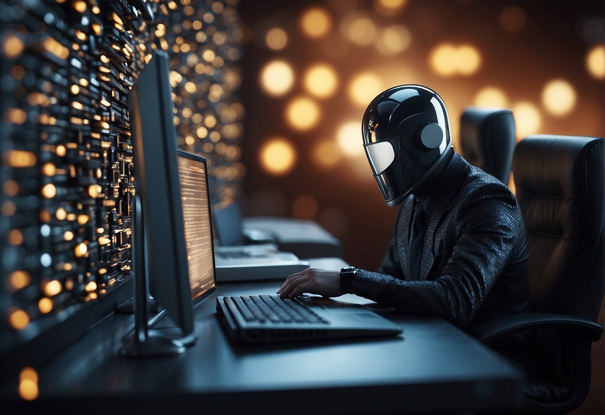 A figure erasing personal data from a computer, surrounded by locks and shields symbolizing privacy protection