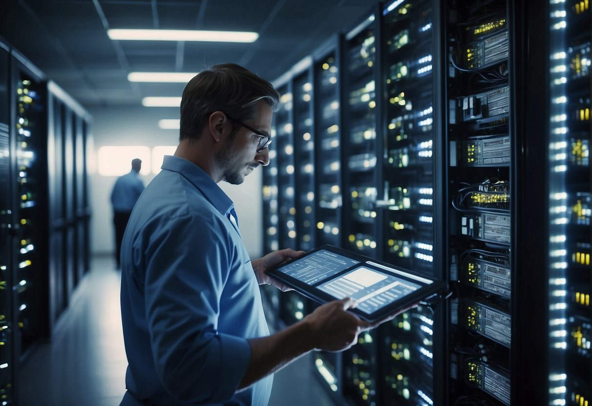 A secure data center with locked doors, surveillance cameras, and encrypted servers. A technician performing data erasure on a hard drive