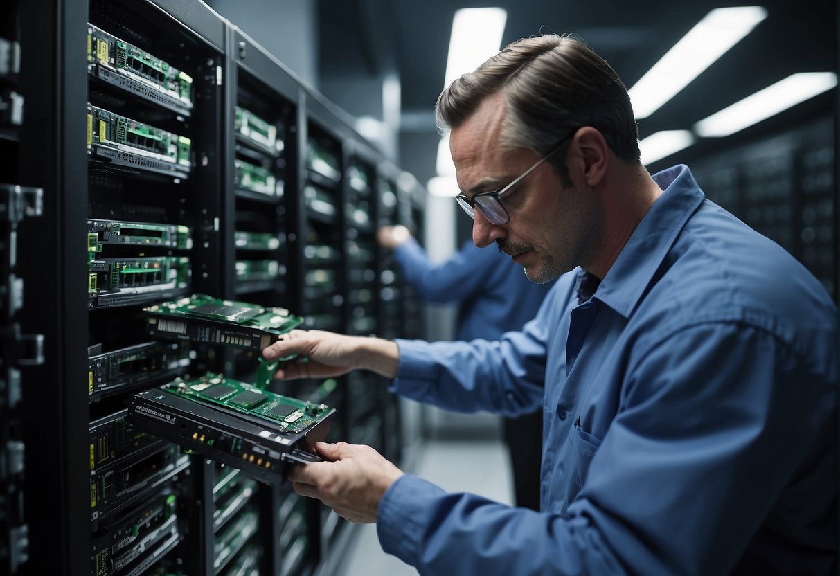 A technician wipes clean hard drives in a secure data center, ensuring data protection through thorough data erasure