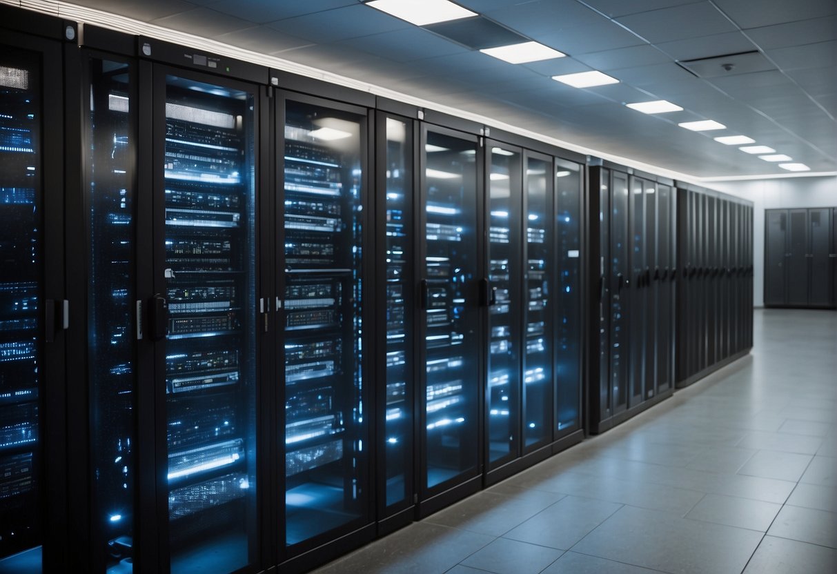 A secure data center with locked cabinets, servers, and data erasure equipment, surrounded by security personnel and surveillance cameras