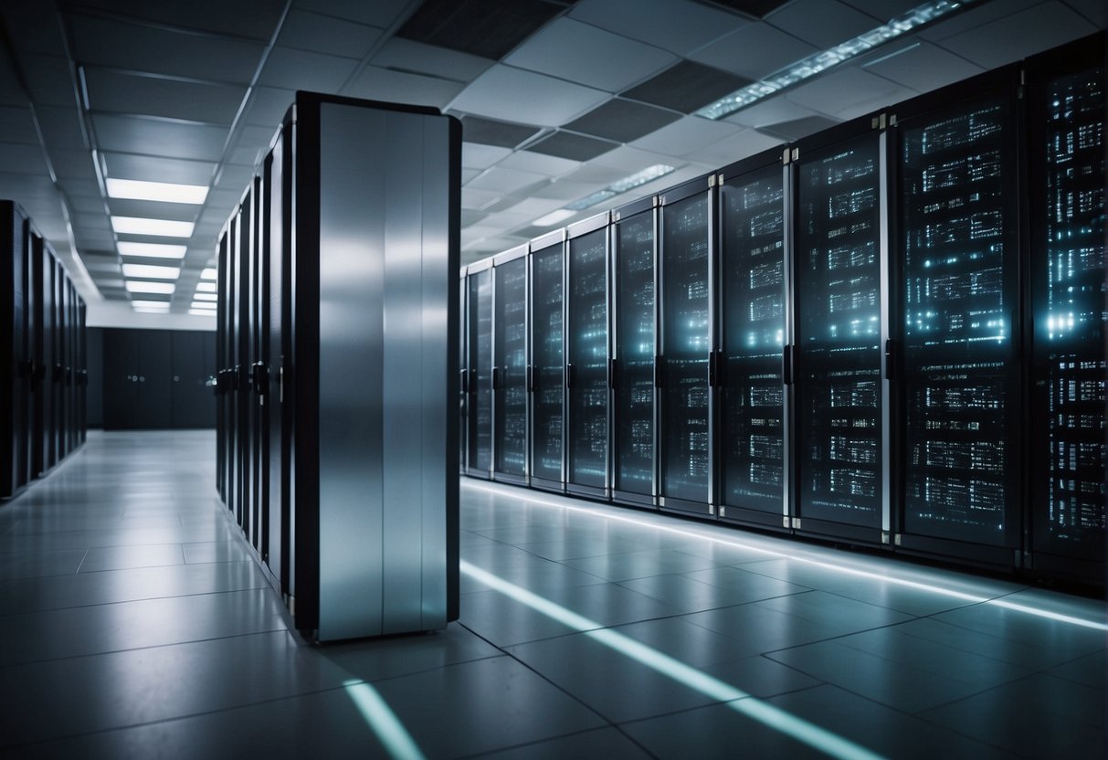 A data center with locked doors, surveillance cameras, and secure data erasure equipment, ensuring data protection