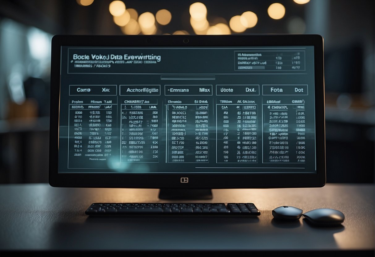 A computer screen displaying a list of keywords: "data overwriting, advanced data erasure, secure deletion methods."