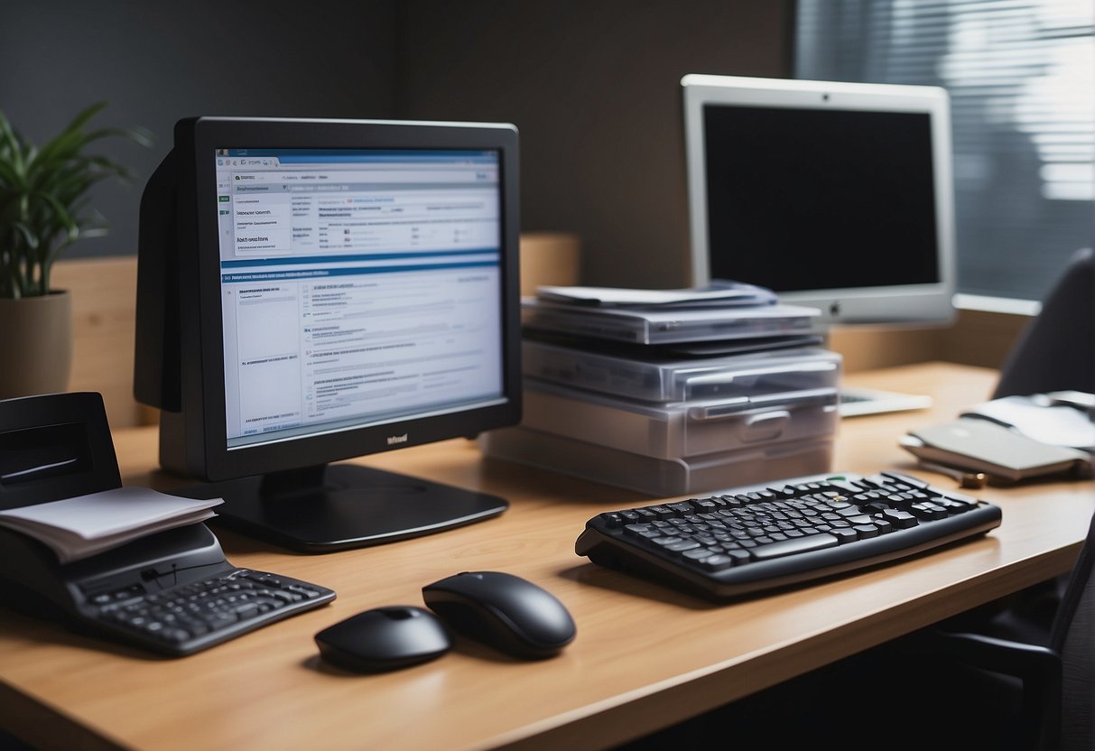 A stack of legal documents and regulations with a computer monitor displaying data erasure process