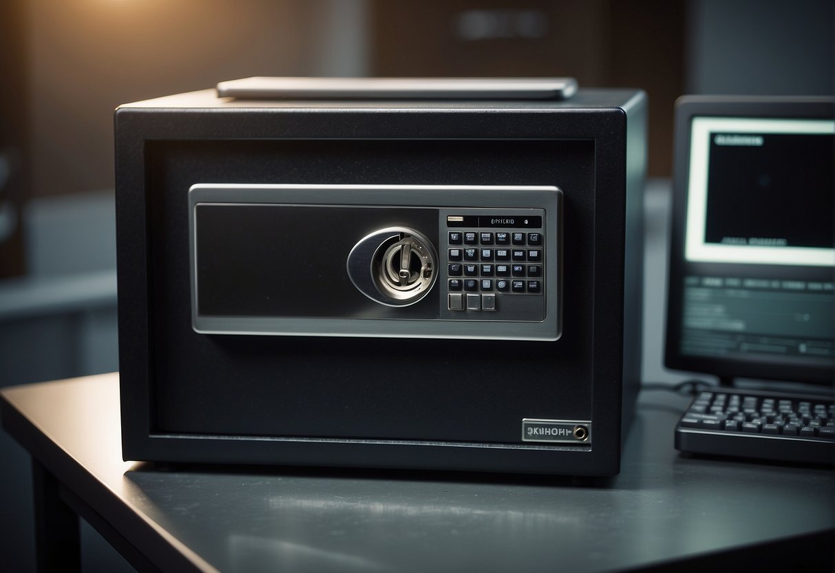 A locked safe with a key, a shredder, and a computer screen displaying a secure data deletion process