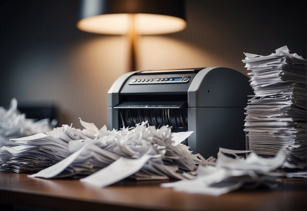 A shredder machine destroying a stack of paper documents