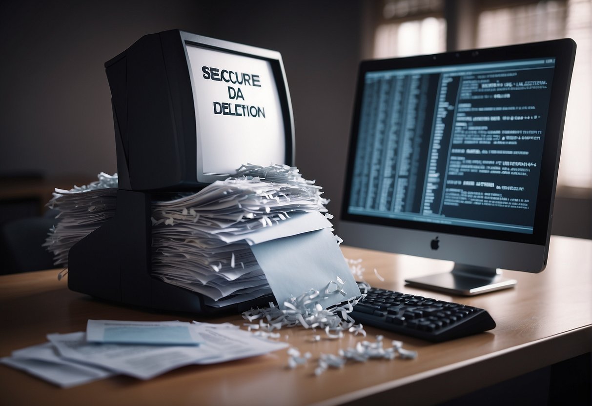 A shredder destroying a stack of paper documents with a computer monitor displaying a "secure data deletion" message in the background