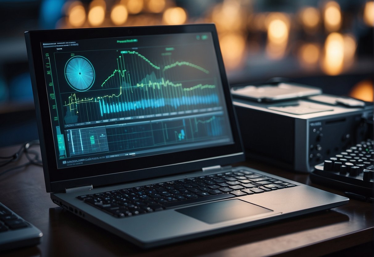 A computer screen displays digital forensics tools, while a hard drive undergoes data erasure. Nearby, forensic analysts examine evidence