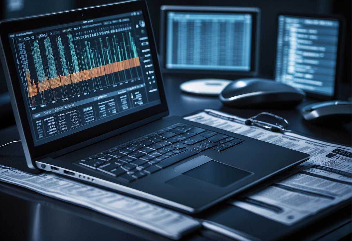 A computer screen displaying digital forensics tools and data erasure software, surrounded by forensic analysis reports and keyword lists