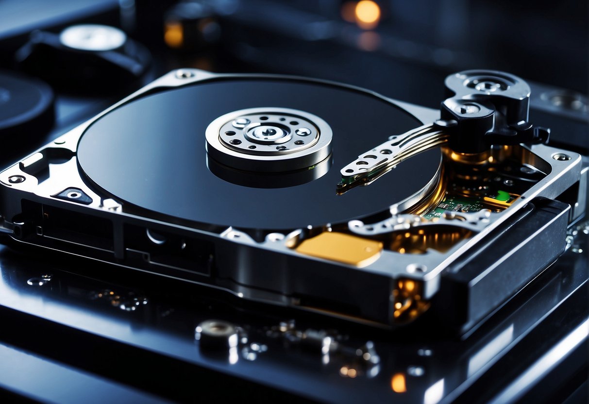 A computer hard drive being scanned for digital forensics, followed by data erasure and forensic analysis