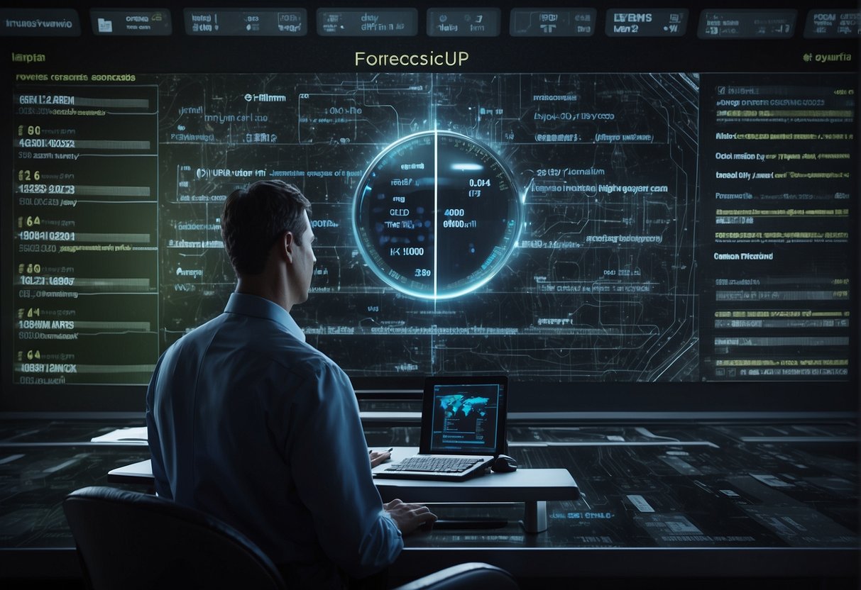 A computer screen displaying digital forensics software with keywords "data erasure" and "forensic analysis" highlighted