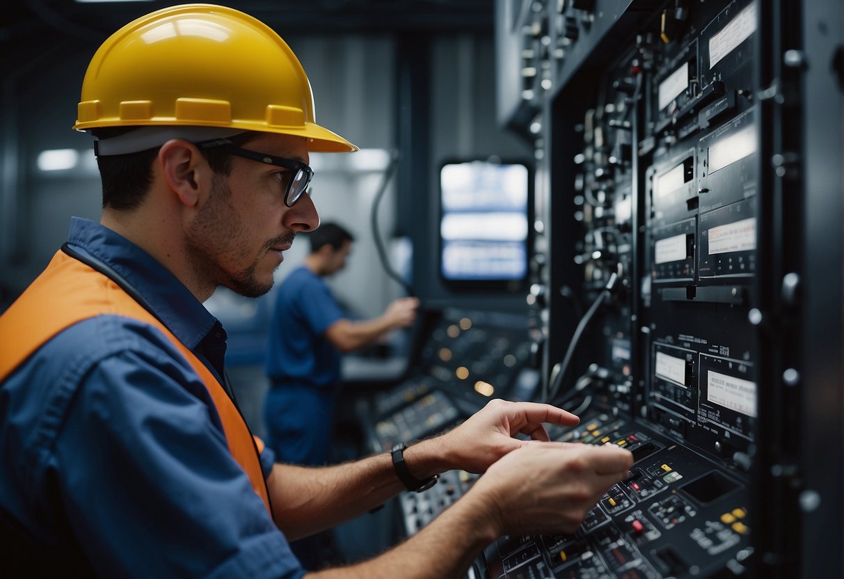 A technician erases flight data from a black box in an airplane hangar