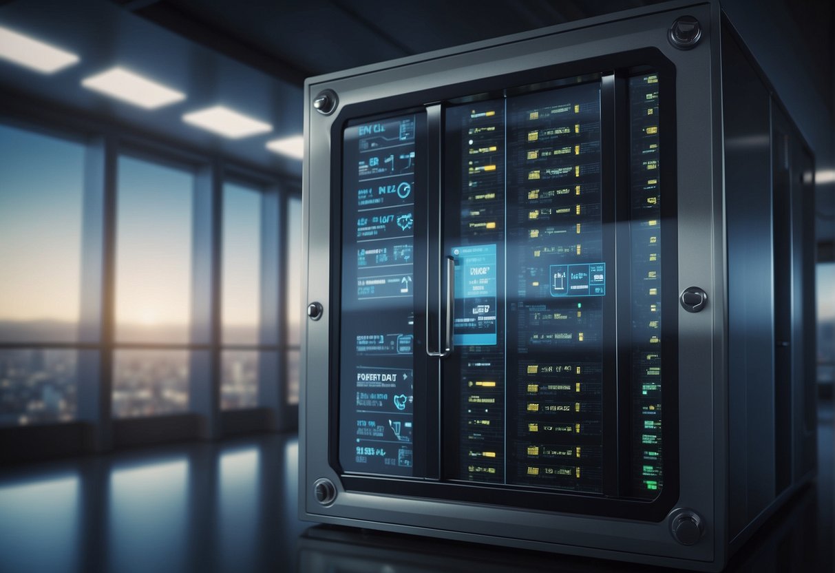 A secure vault with aviation data servers, surrounded by layers of encryption and security protocols. A clear sign displaying "Flight Data Protection Zone" with strict access control measures