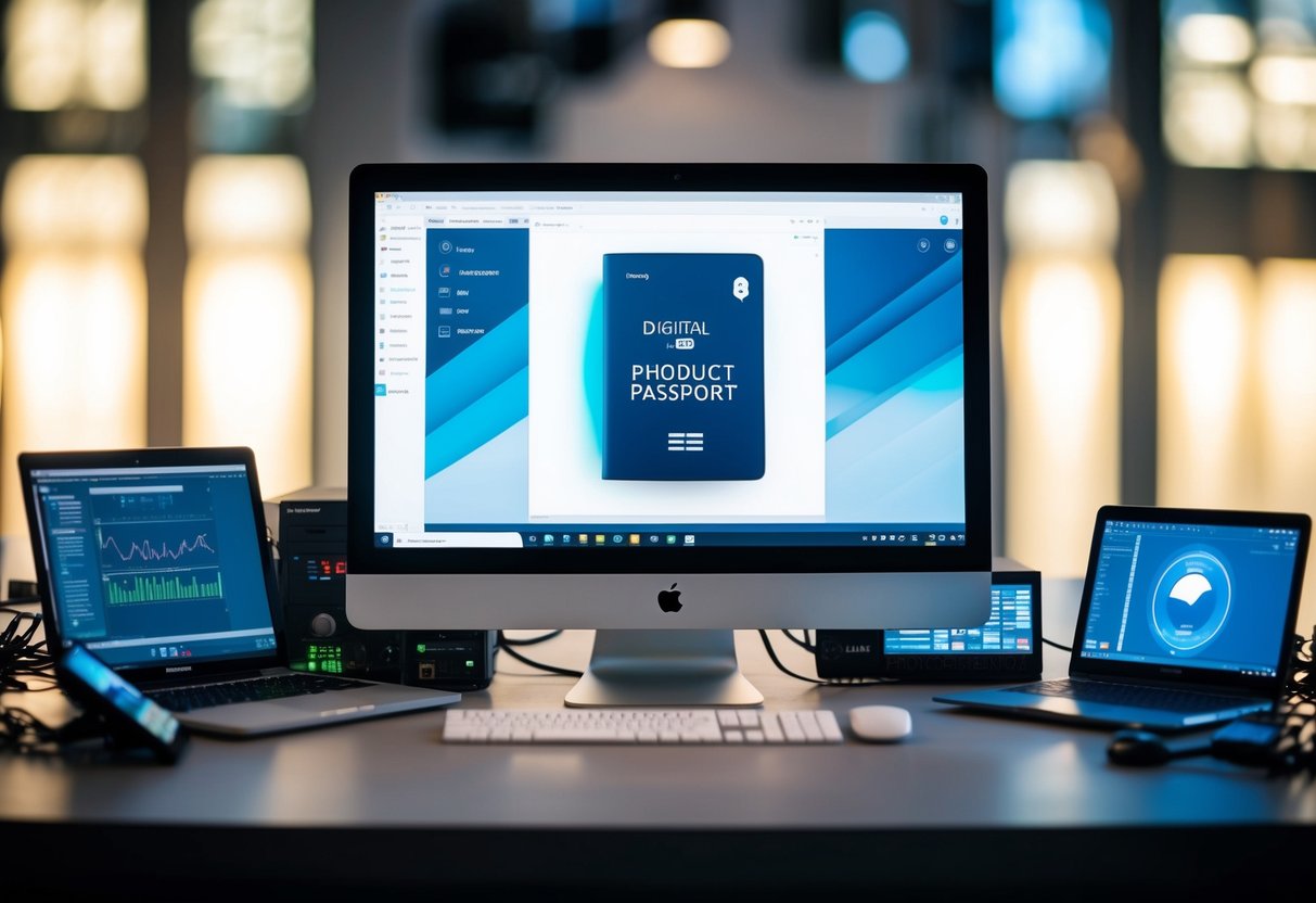 A computer with a digital product passport displayed on the screen, surrounded by various electronic components and devices