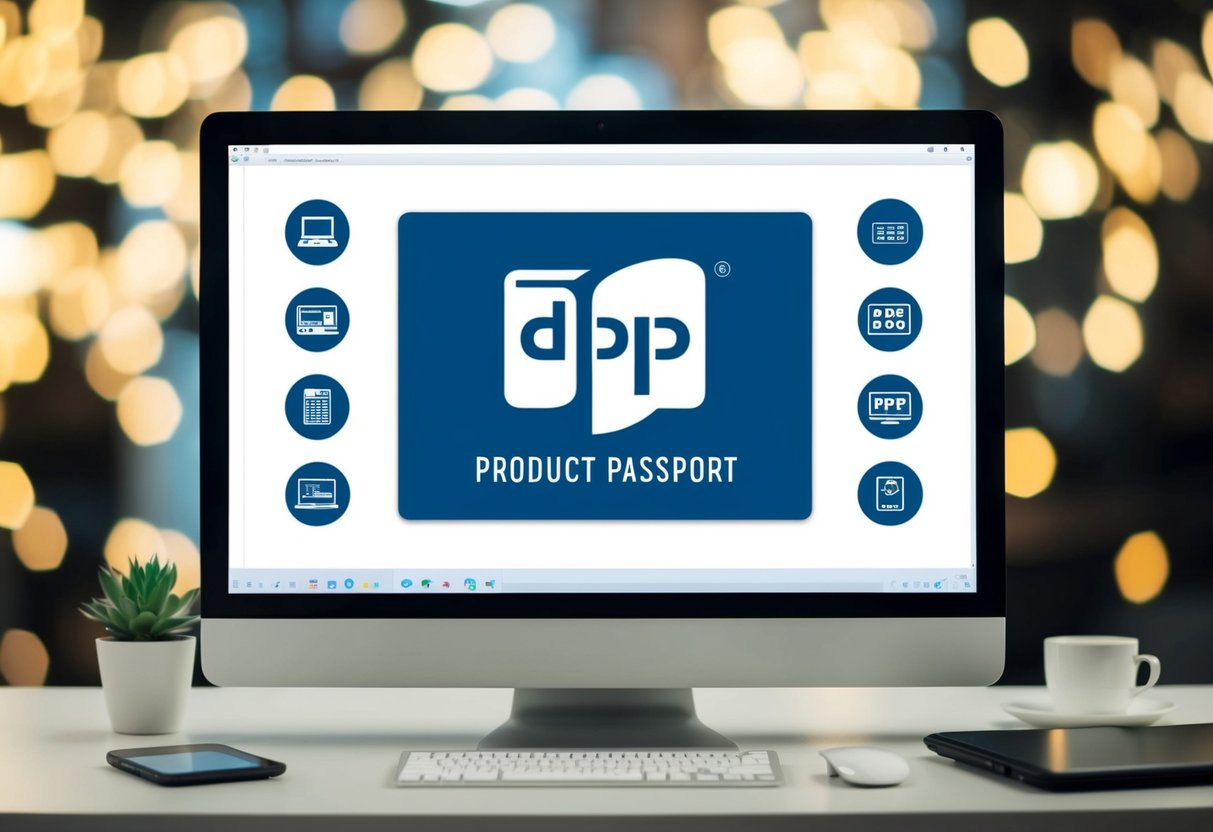 A digital product passport (DPP) logo displayed on a computer screen, surrounded by icons representing various digital products