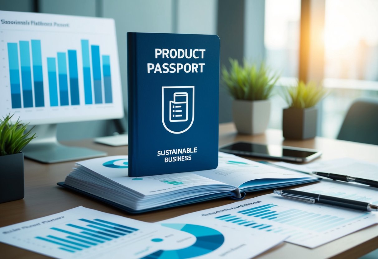 A digital product passport (DPP) sits on a desk, surrounded by sustainable business reports and charts. The passport is open, revealing detailed product information