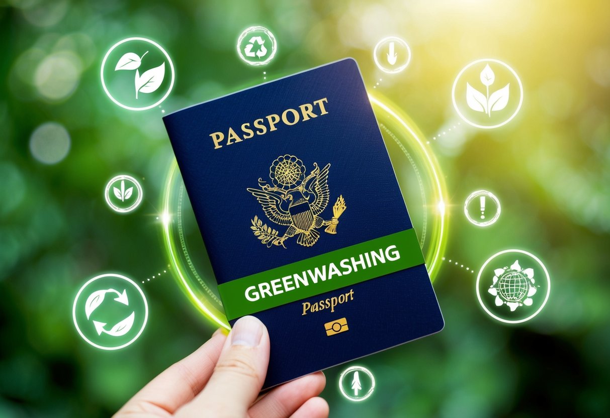 A digital passport surrounded by eco-friendly symbols and a "greenwashing" warning label