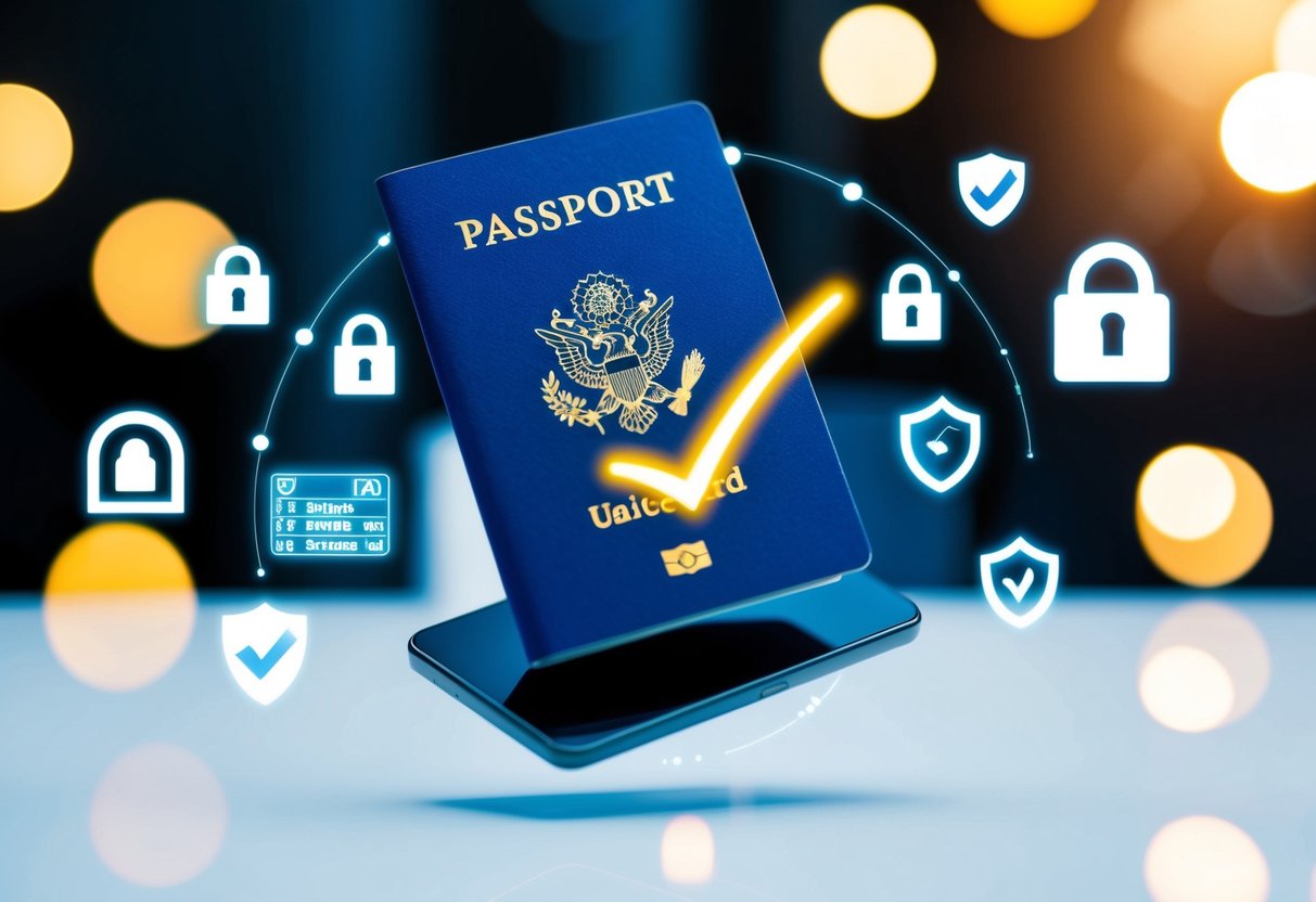 A digital passport hovering over a product, surrounded by security symbols and a glowing authentication checkmark