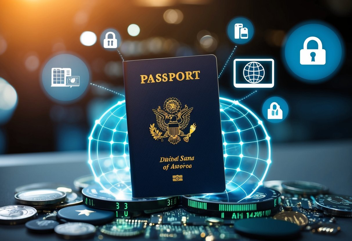 A digital passport surrounded by symbols of travel, technology, and security