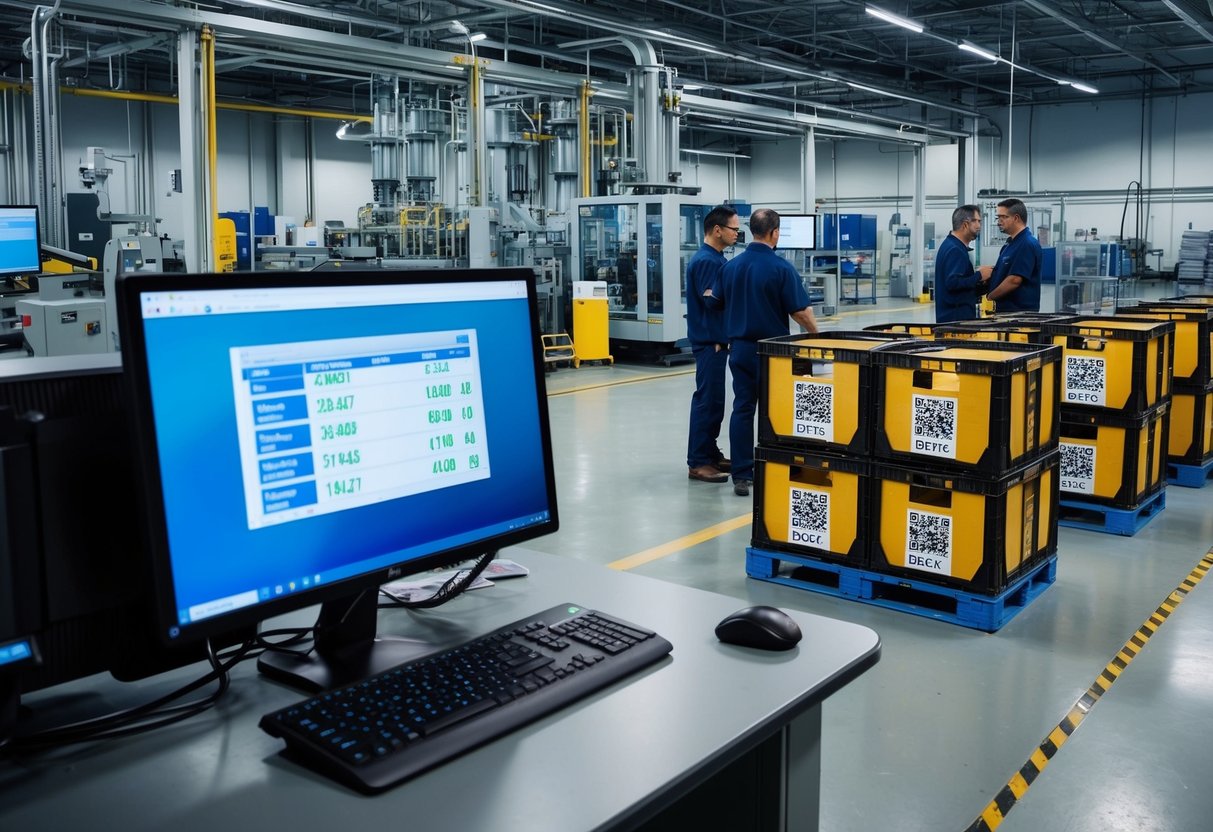 A factory floor with machinery and workers, a computer screen displaying product data, and a shipping dock with crates labeled with QR codes