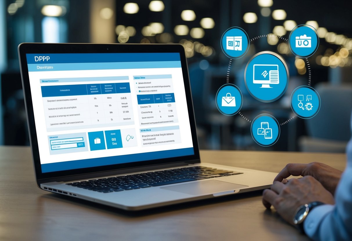 A laptop screen displaying a DPP with clear, organized product information and specifications, surrounded by icons representing customer preferences