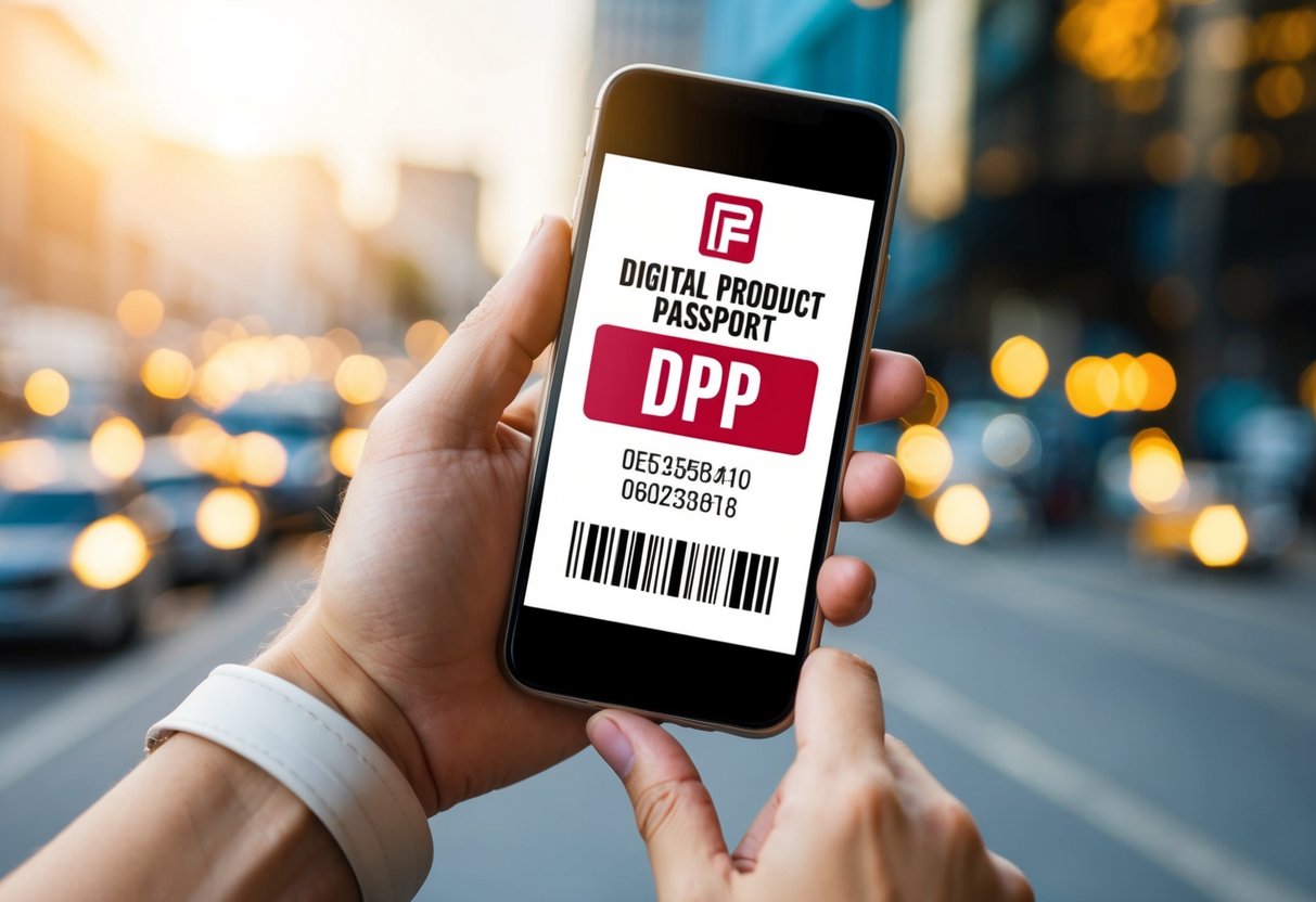 Et digitalt produktpass (DPP) vist på en smarttelefon-skjerm, med en strekkode og produktdetaljer synlige