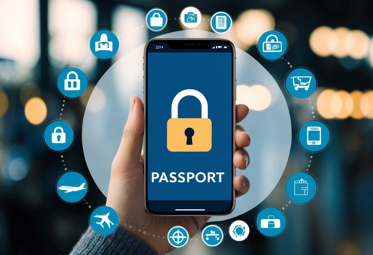 En smarttelefon som viser et digitalt pass med et sikkert låseikon, omringet av ulike reise-relaterte ikoner og symboler